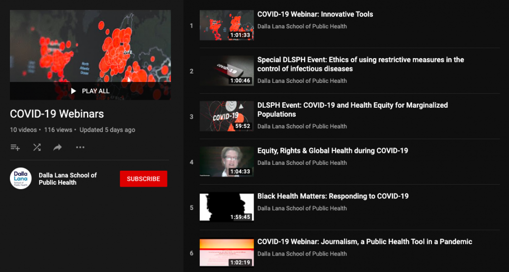 Dashboard of the Dalla Lana YouTube page for COVID-19 webinars