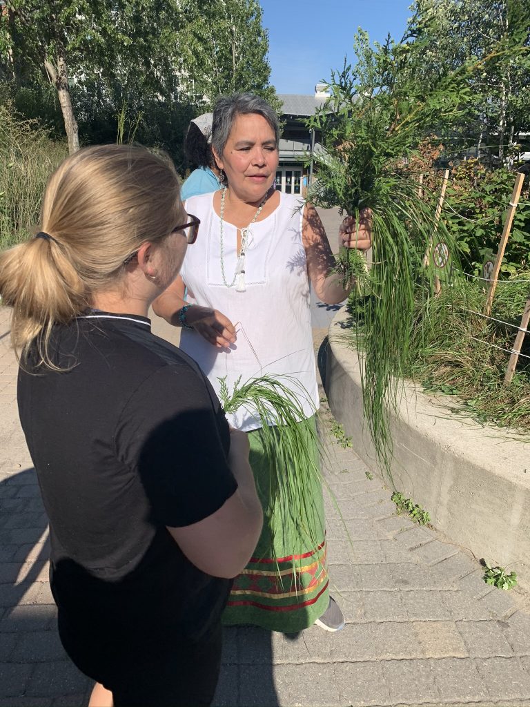 Elder Whabagoon holds a plant while talking to someone.