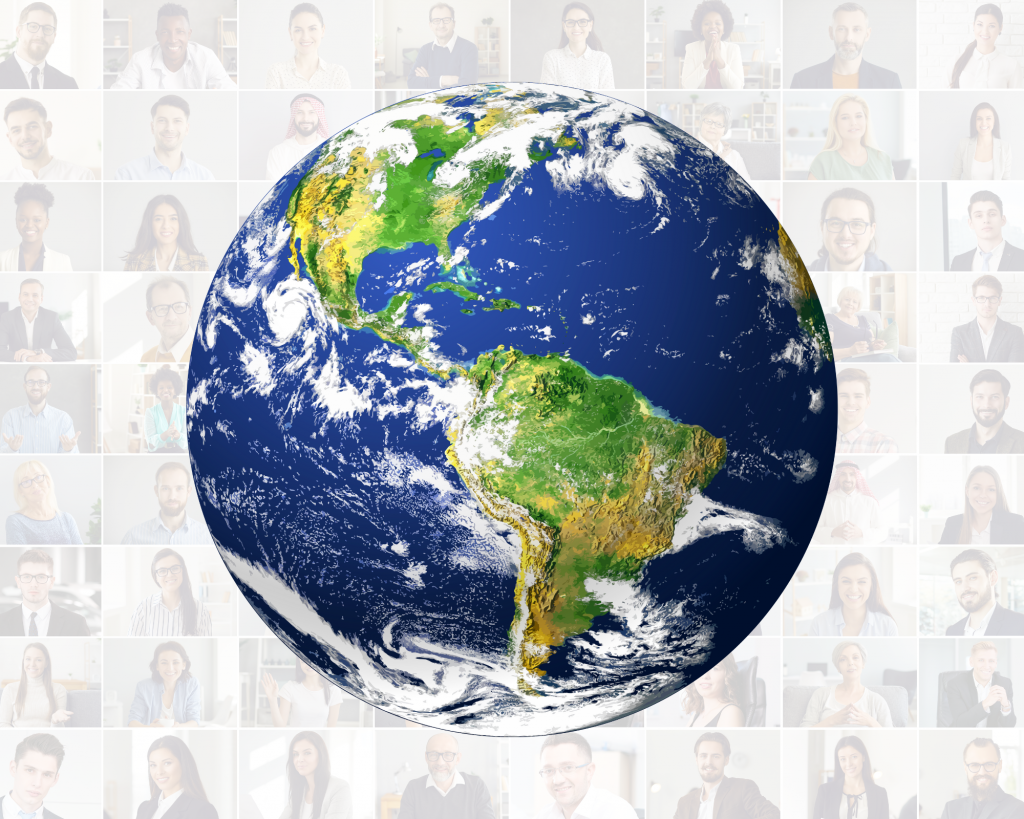 Image of the world over a blurred out background with a grid of faces