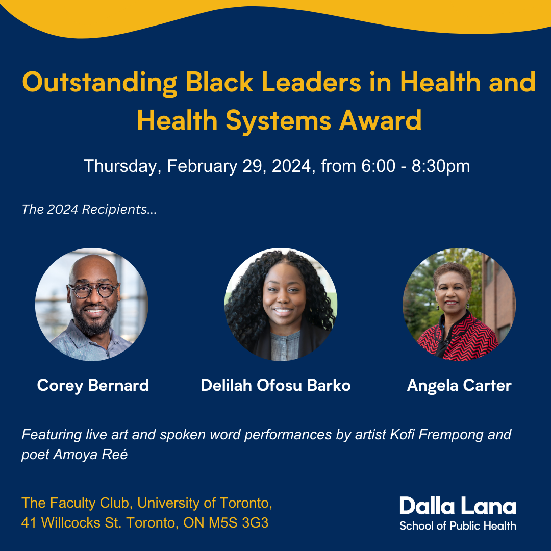 A poster for the Outstanding Black Leaders in Health and Health Systems Award event. Portrait photos included of this year's recipients: Corey Bernard, Delilah Ofosu Barko, and Angela Carter.